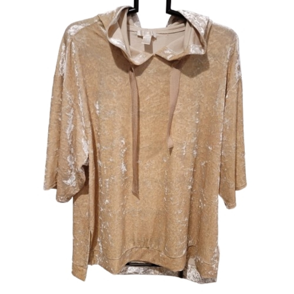 Forever 21 Crushed Velvet Short Sleeve Hoodie Top Cream Medium - Picture 4 of 14